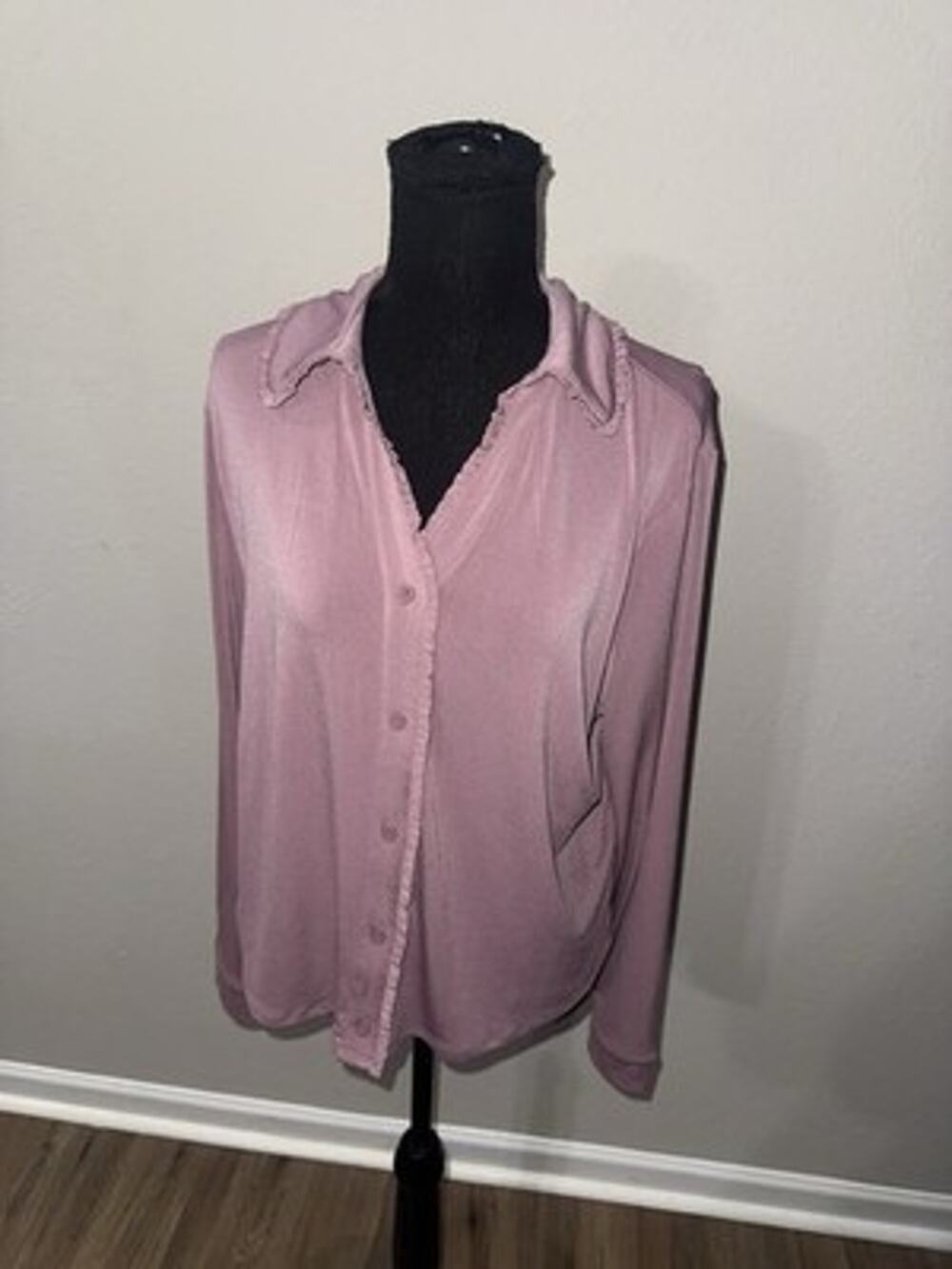 Adrianna Papell Ruffle Edge Knit Shirt XL NWT Mauve Button Front Top New